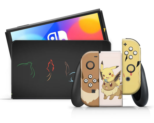 Lux Skins Nintendo Switch OLED Pokemon Pikachu Eevee Starter Full Set +Tempered Glass Skins - Pop culture Pokemon Skin