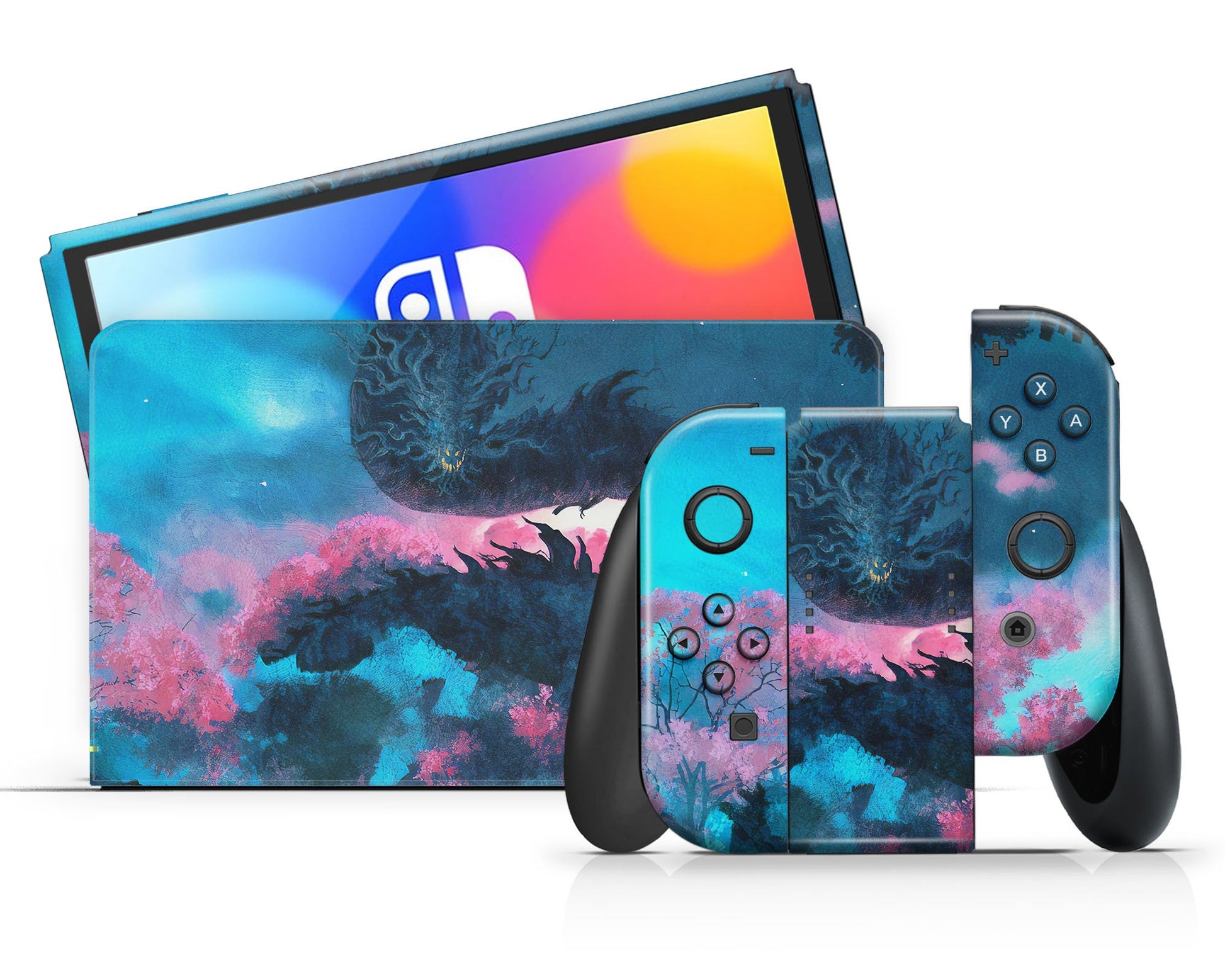 Lux Skins Nintendo Switch OLED Teal Dragon Full Set Skins - Art Animals Skin