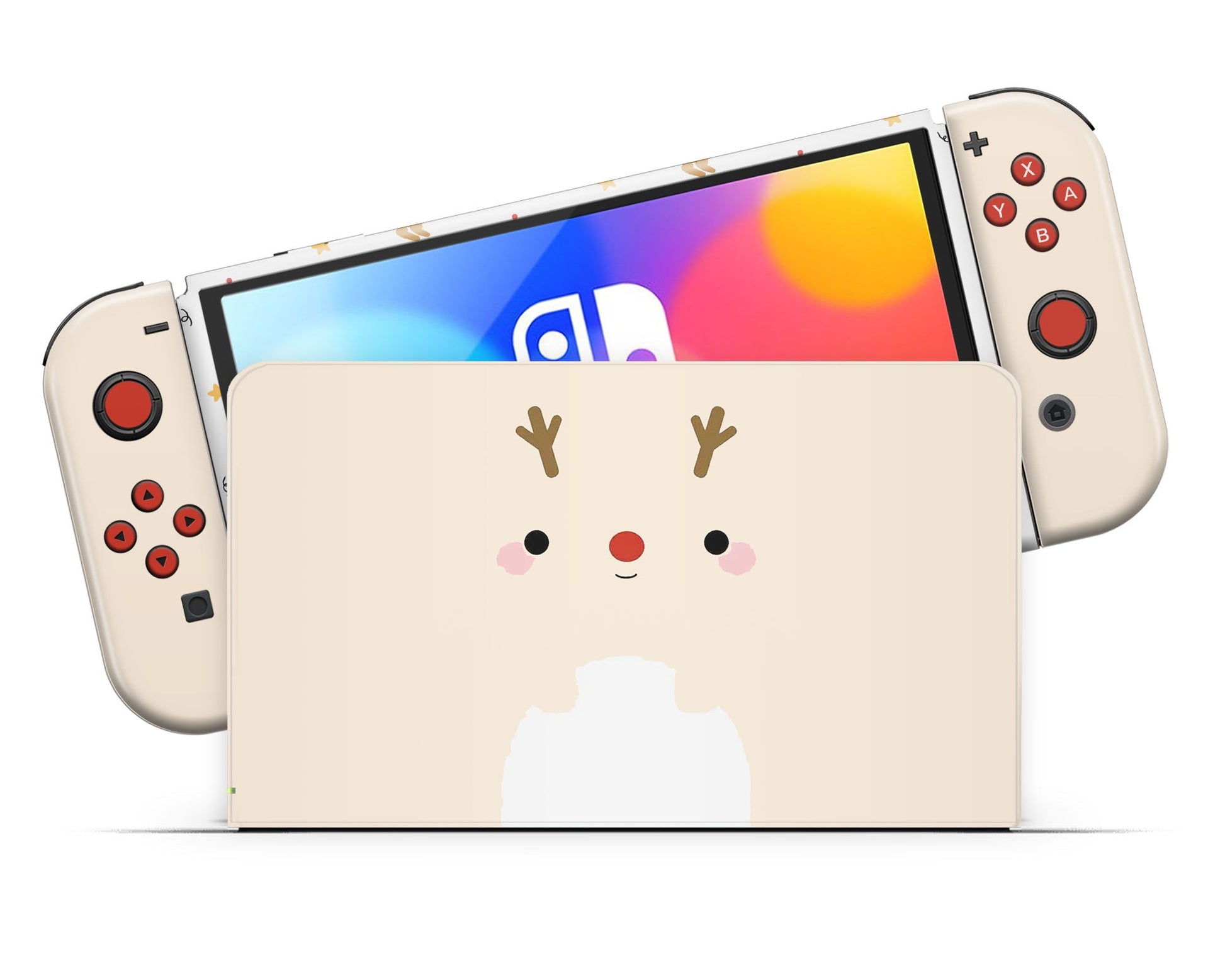 Lux Skins Nintendo Switch OLED Cute Rudolph Reindeer Full Set +Tempered Glass Skins - Art Animals Skin