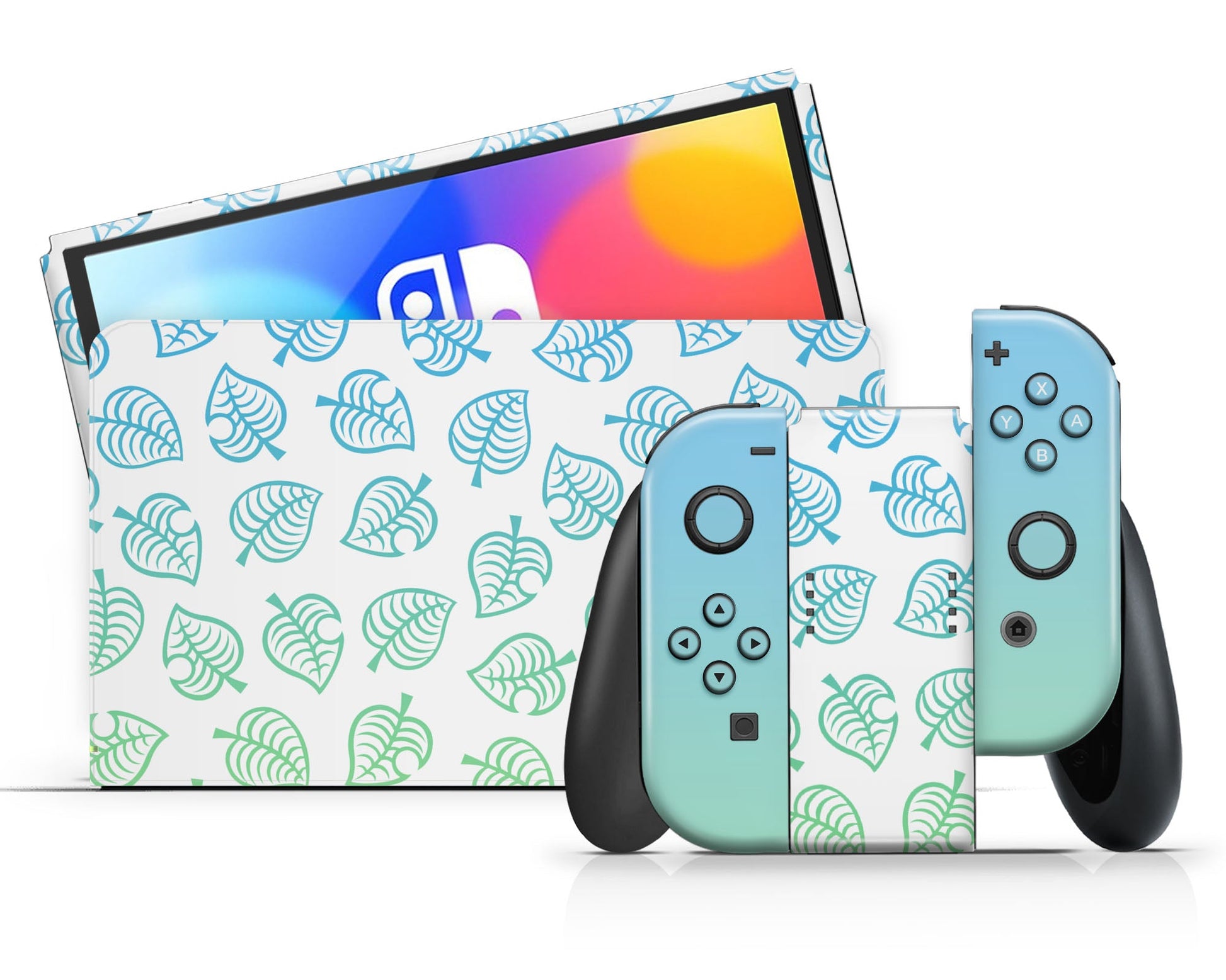 Lux Skins Nintendo Switch OLED Animal Crossing Green Blue Leaf Gradient Ombre Full Set Skins - Pop culture Animal Crossing Skin