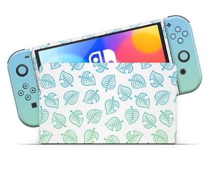 Lux Skins Nintendo Switch OLED Animal Crossing Green Blue Leaf Gradient Ombre Full Set Skins - Pop culture Animal Crossing Skin