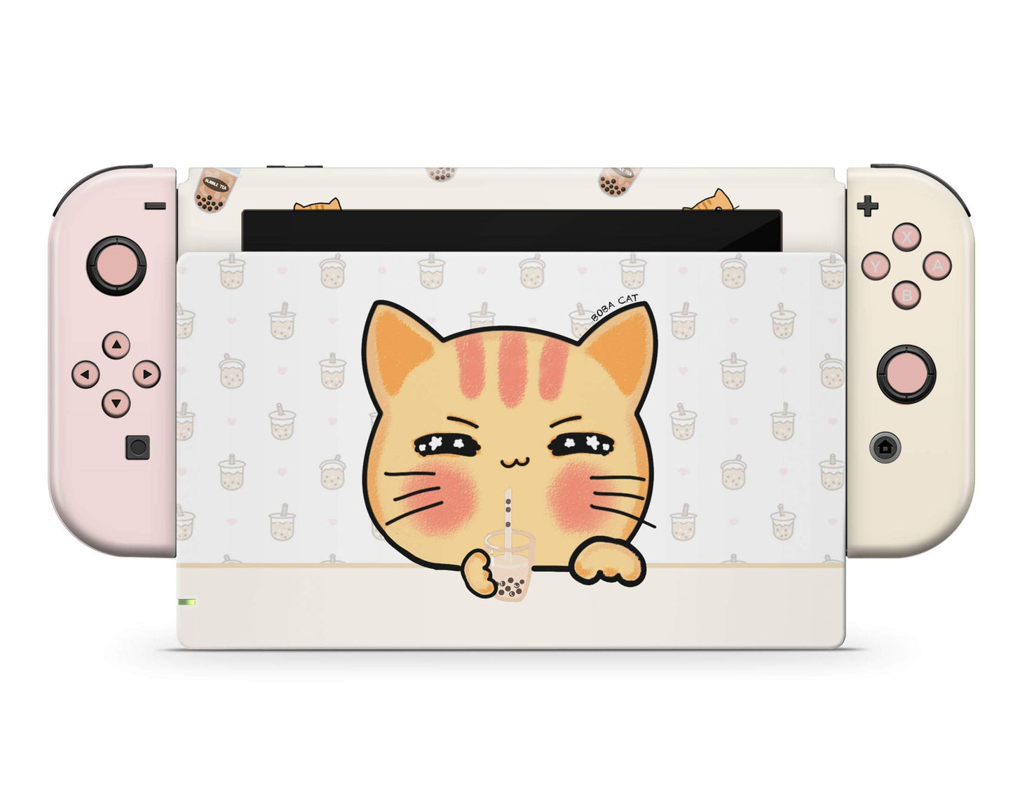 Lux Skins Nintendo Switch Boba Cat Bubble Tea Beige Neutral Pink Full Set Skins - Art Animals Skin