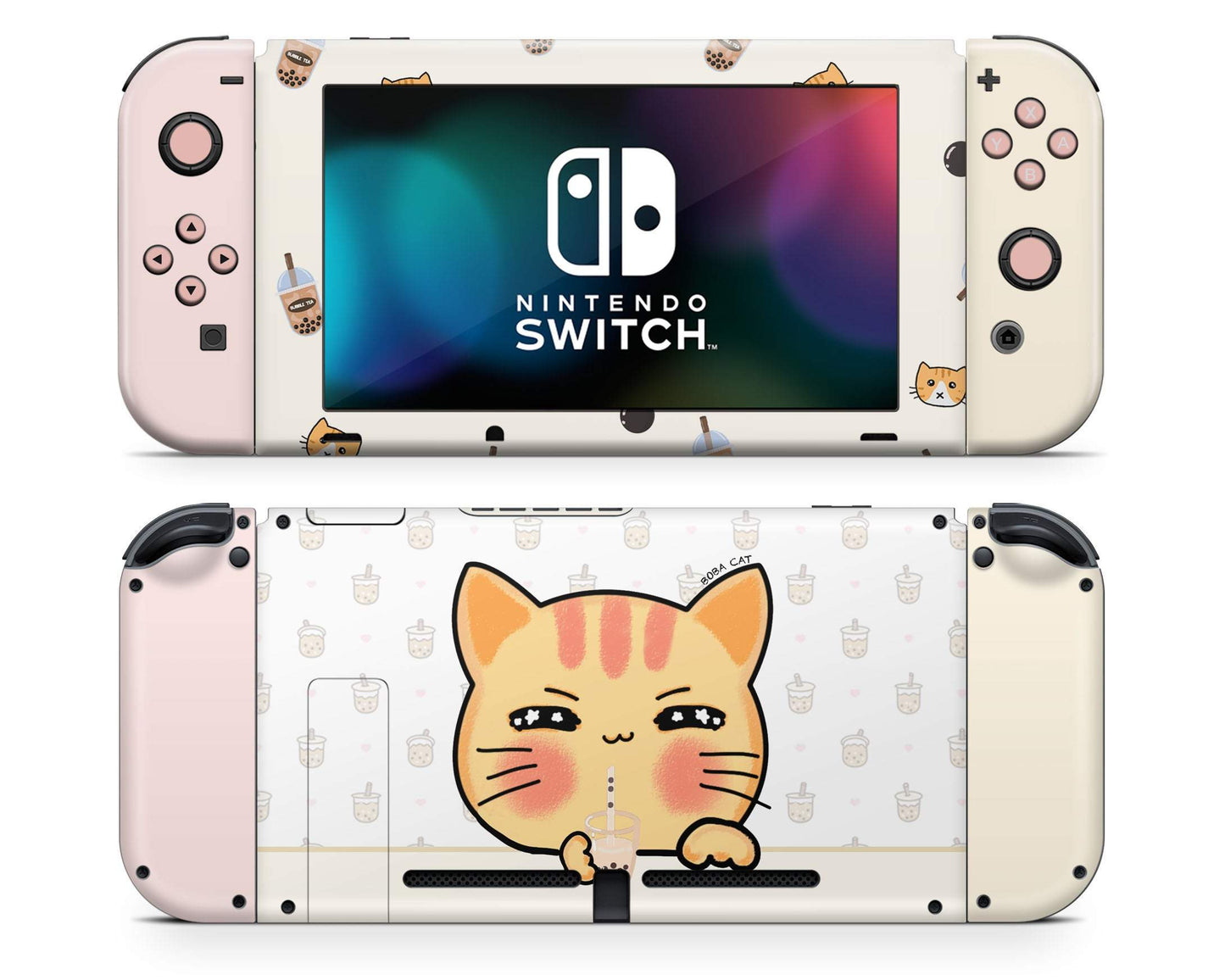 Lux Skins Nintendo Switch Boba Cat Bubble Tea Beige Neutral Pink Full Set Skins - Art Animals Skin